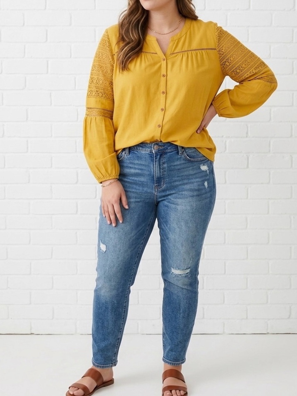 Crown & Ivy Yellow Boho Crochet Lace Long Sleeve Blouse NWT Women’s Large